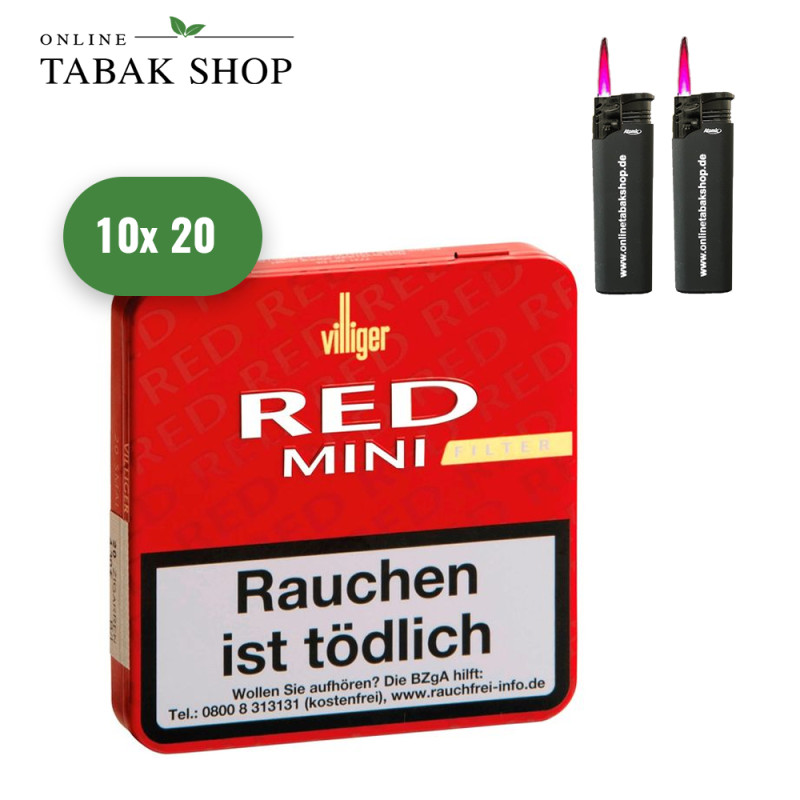 VILLIGER "Red" Mini Filter Zigarillos (10 x 20er) + 2 OTS Sturmfeuerzeuge
