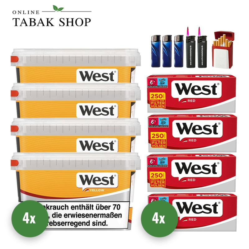 West Yellow Volumen Tabak (4 x 125g) + 1.000 West Red Special Hülsen + 3 Feuerzeuge + 2 Sturmfeuerzeuge + 1 GIZEH Etui