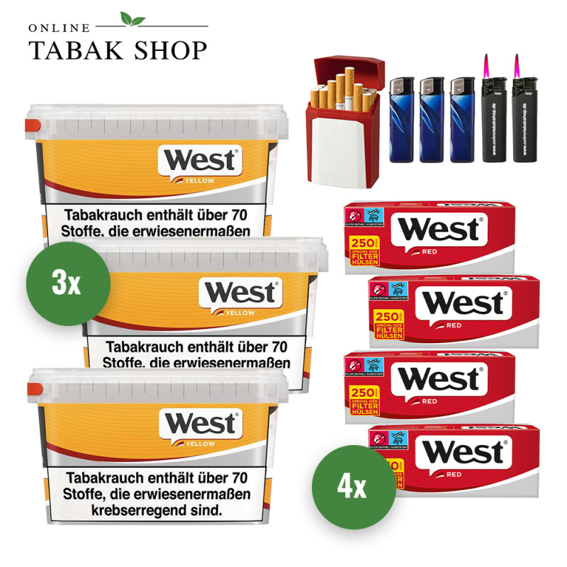 West Yellow Volumen Tabak (3 x 125g) + 1.000 West Red Special Hülsen + 3 Feuerzeuge + 2 Sturmfeuerzeuge + 1 GIZEH Etui