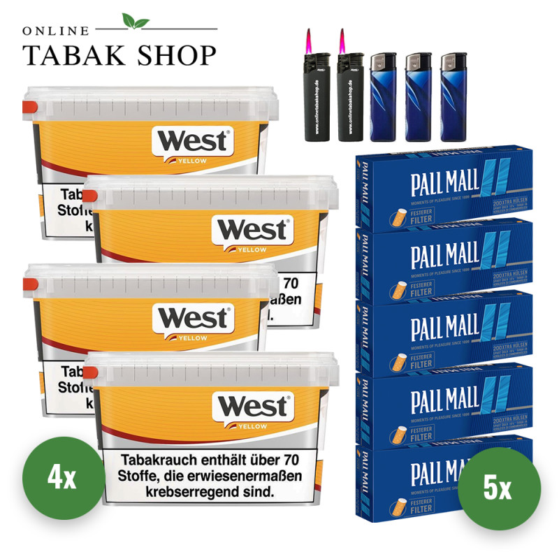 West Yellow Volumentabak (4 x 125g) + 1.000 Pall Mall Blue Xtra Hülsen + 2 Sturmfeuerzeuge + 3 Feuerzeuge