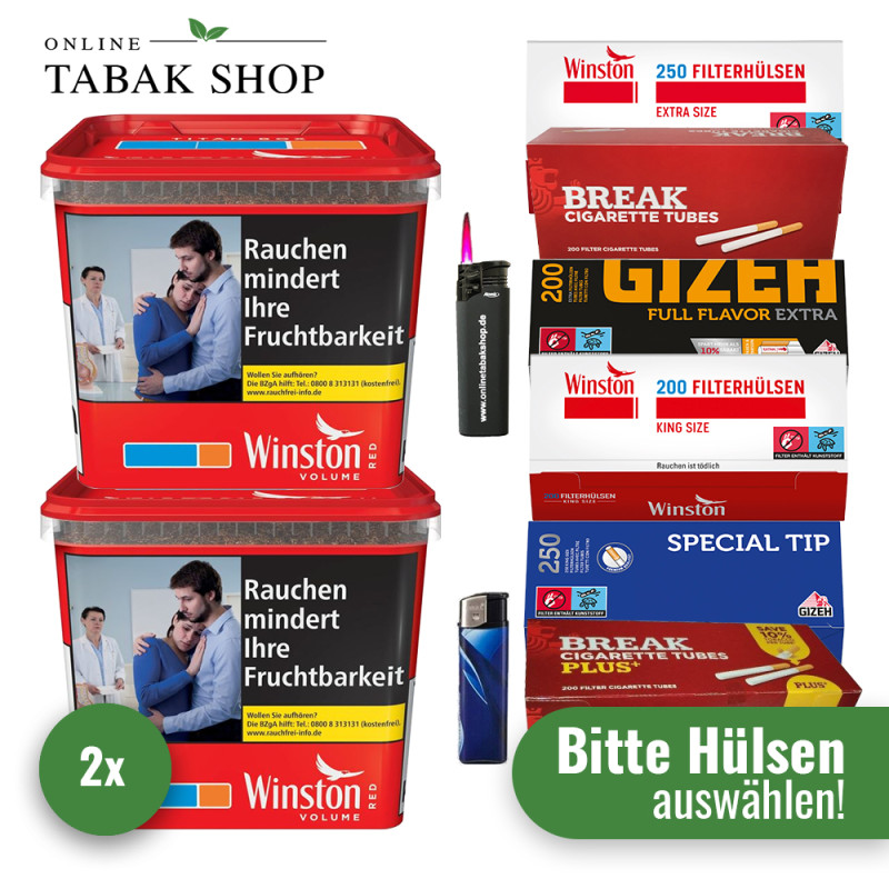 2x Winston Tabak Rot 250g Eimer + 1000 Hülsen (Sorte wählbar) + 1 Sturmfeuerzeug + 1 Feuerzeug