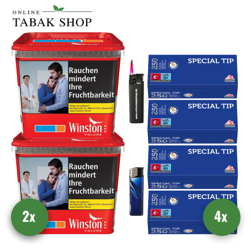 2x Winston Tabak Rot 250g Eimer + 1000 GIZEH Special Tip Hülsen + 1 Sturmfeuerzeug + 1 Feuerzeug