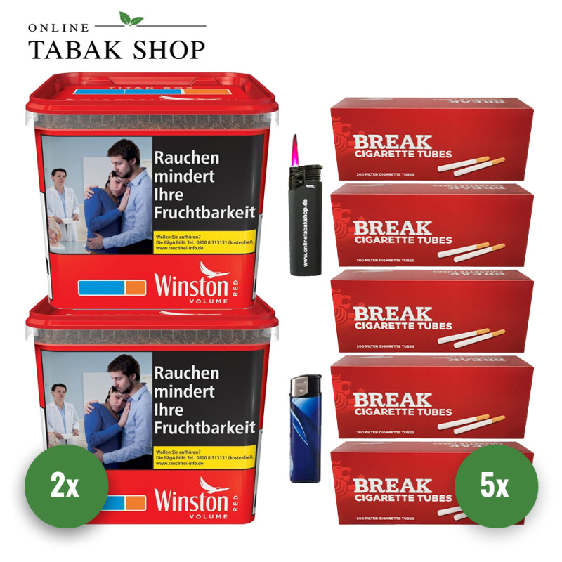2x Winston Tabak Rot 250g Eimer + 1000 BREAK Hülsen + 1 Sturmfeuerzeug + 1 Feuerzeug