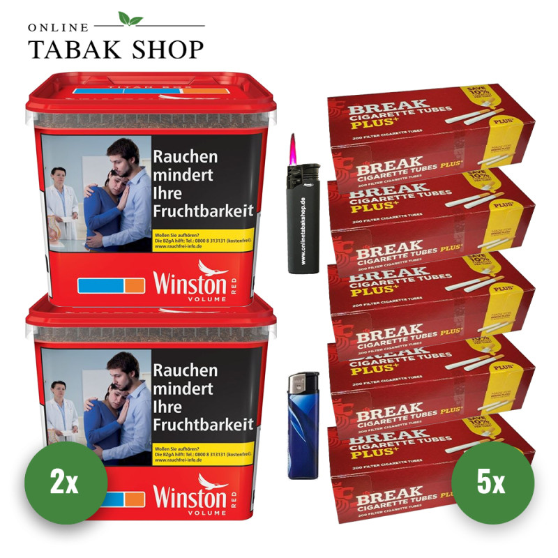 2x Winston Tabak Rot 250g Eimer + 1000 BREAK Plus Hülsen + 1 Sturmfeuerzeug + 1 Feuerzeug