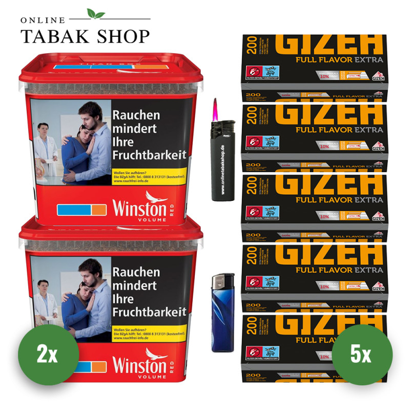 2x Winston Tabak Rot 250g Eimer + 1000 GIZEH Full Flavor Extra Hülsen + 1 Sturmfeuerzeug + 1 Feuerzeug