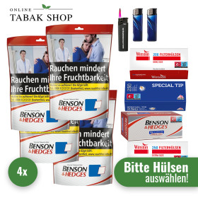 4x Benson & Hedges Volumentabak Red 125g + 1000 Hülsen (wählbar) + 1 Sturmfeuerzeug + 2 Feuerzeuge