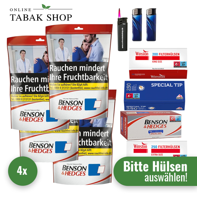 Benson & Hedges Volumentabak Red (4 x 144g) + 1.000 Hülsen (nach Wahl) + 1 Sturmfeuerzeug + 2 Feuerzeuge