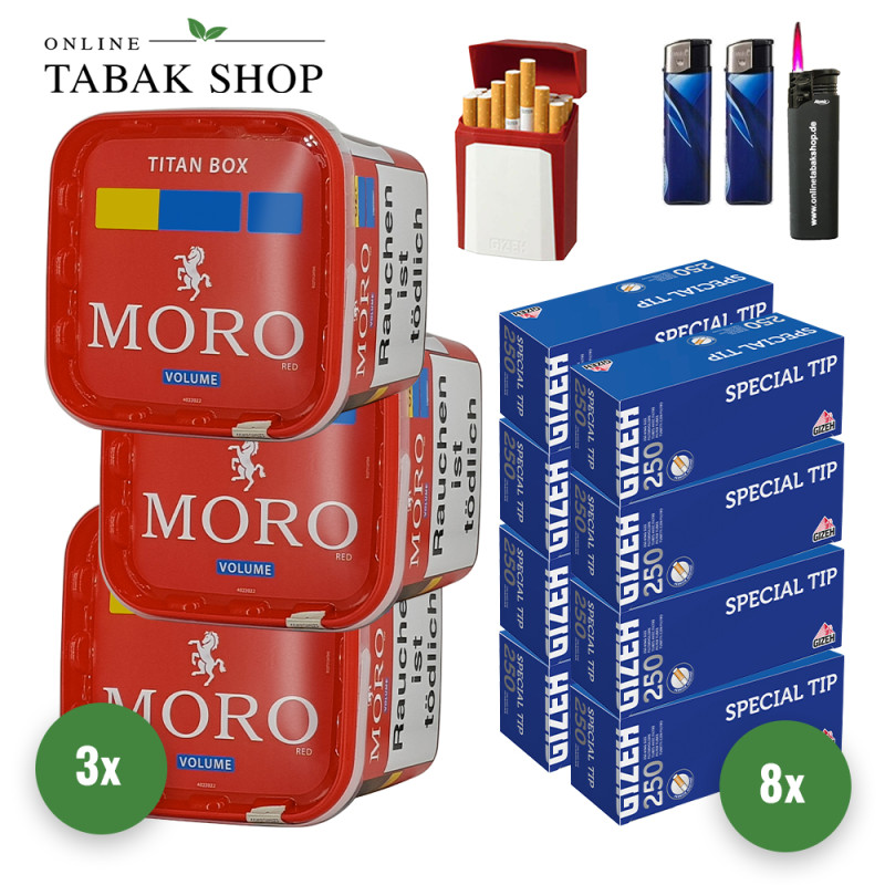 Moro Tabak Titan Box (3 x 340g) + 2.000 Gizeh Special Tip Hülsen + 1 Sturmfeuerzeug + 2 Feuerzeuge + 1 Gizeh Etui