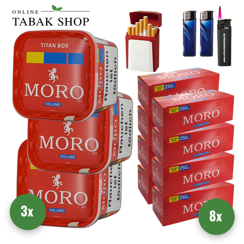 Moro Tabak Titan Box (3 x 340g) + 2.000 Moro Extra Hülsen + 1 Sturmfeuerzeug + 2 Feuerzeuge + 1 Gizeh Etui