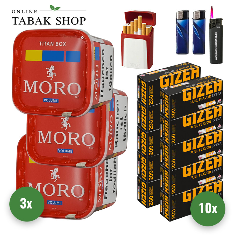 Moro Tabak Titan Box (3 x 340g) + 2.000 Gizeh Full Flavor Extra Hülsen + 1 Sturmfeuerzeug + 2 Feuerzeuge + 1 Gizeh Etui