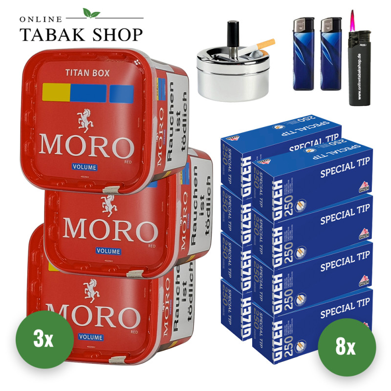 Moro Tabak Titan Box (3 x 340g) + 2.000 Gizeh Special Tip Hülsen + 1 Sturmfeuerzeug + 2 Feuerzeuge + 1 Drehascher 9cm