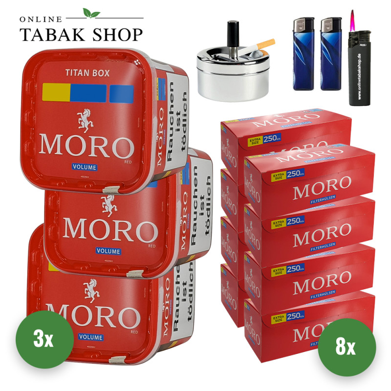 Moro Tabak Titan Box (3 x 340g) + 2.000 Moro Extra Size Hülsen + 1 Sturmfeuerzeug + 2 Feuerzeuge + 1 Drehascher 9cm