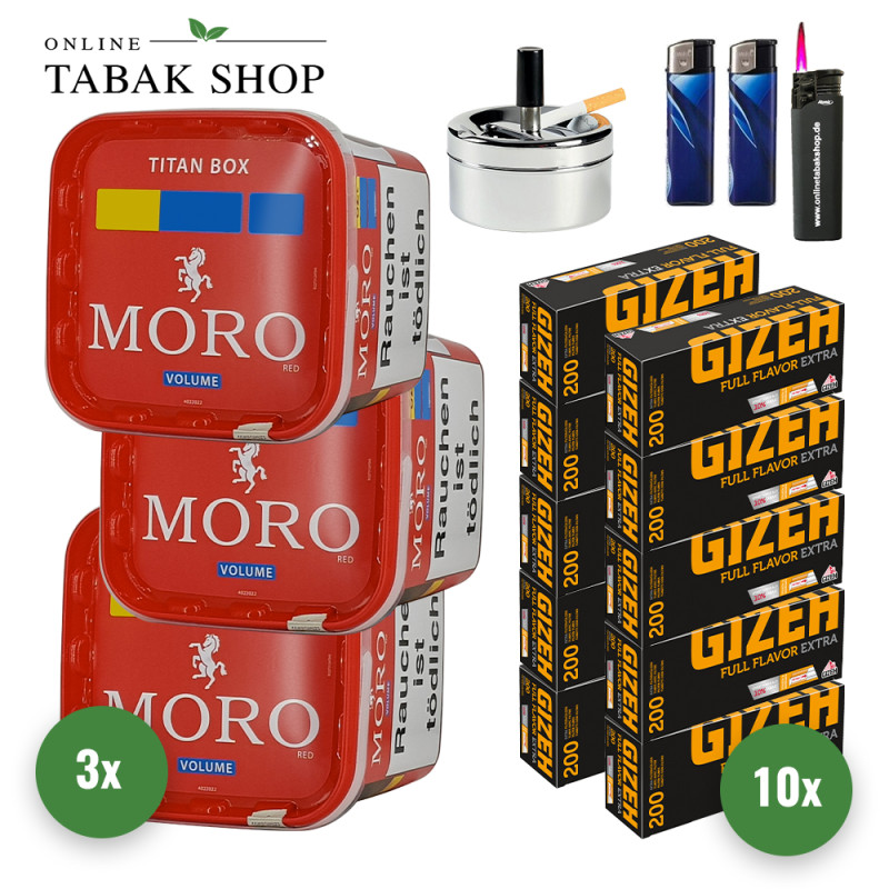 Moro Tabak Titan Box (3 x 340g) + 2.000 Gizeh Full Flavor Extra Hülsen + 1 Sturmfeuerzeug + 2 Feuerzeuge + 1 Drehascher 9cm