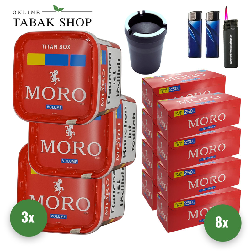 Moro Tabak Titan Box (3 x 340g) + 2.000 Moro Extra Size Hülsen + 1 Sturmfeuerzeug + 2 Feuerzeuge + 1 KFZ-Aschenbecher