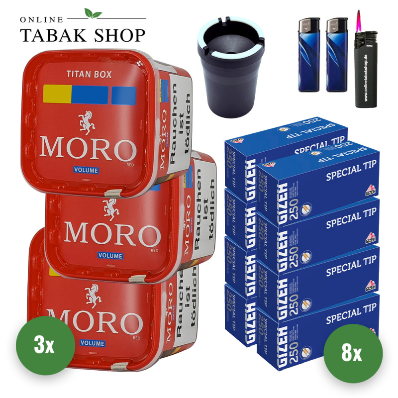 Moro Tabak Titan Box (3 x 340g) + 2.000 Gizeh Special Tip Hülsen + 1 Sturmfeuerzeug + 2 Feuerzeuge + 1 KFZ-Aschenbecher