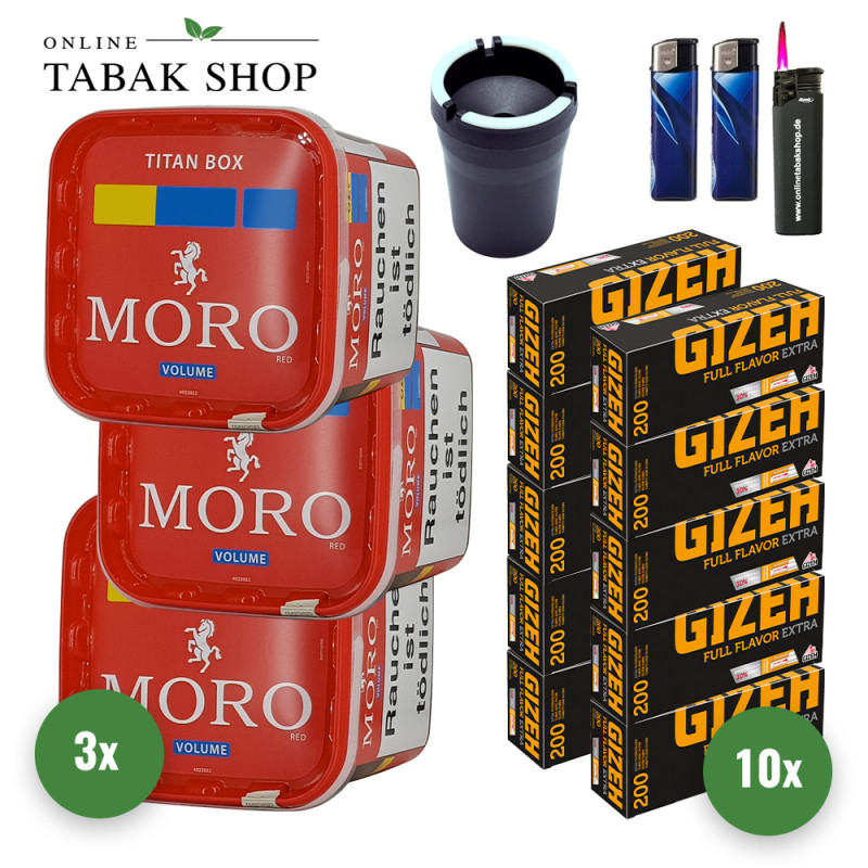 Moro Tabak Titan Box (3 x 340g) + 2.000 Gizeh Full Flavor Extra Hülsen + 1 Sturmfeuerzeug + 2 Feuerzeuge + 1 KFZ-Aschenbecher