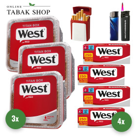 3x West Red Tabak Titan 265g Eimer + 1000 Hülsen (Sorte wählbar) + 1 Sturmfeuerzeug + 1 Feuerzeug + 1 GIZEH Etui