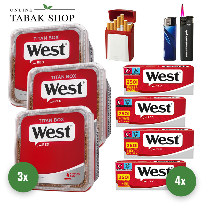 West Red Tabak Titan Box (3 x 300g) + 1.000 West Red Extra Hülsen + 1 Sturmfeuerzeug + 1 Feuerzeug + 1 Gizeh Etui