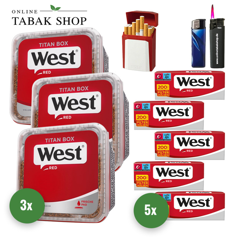 West Red Tabak Titan Box (3 x 300g) + 1.000 West Red Hülsen + 1 Sturmfeuerzeug + 1 Feuerzeug + 1 Gizeh Etui