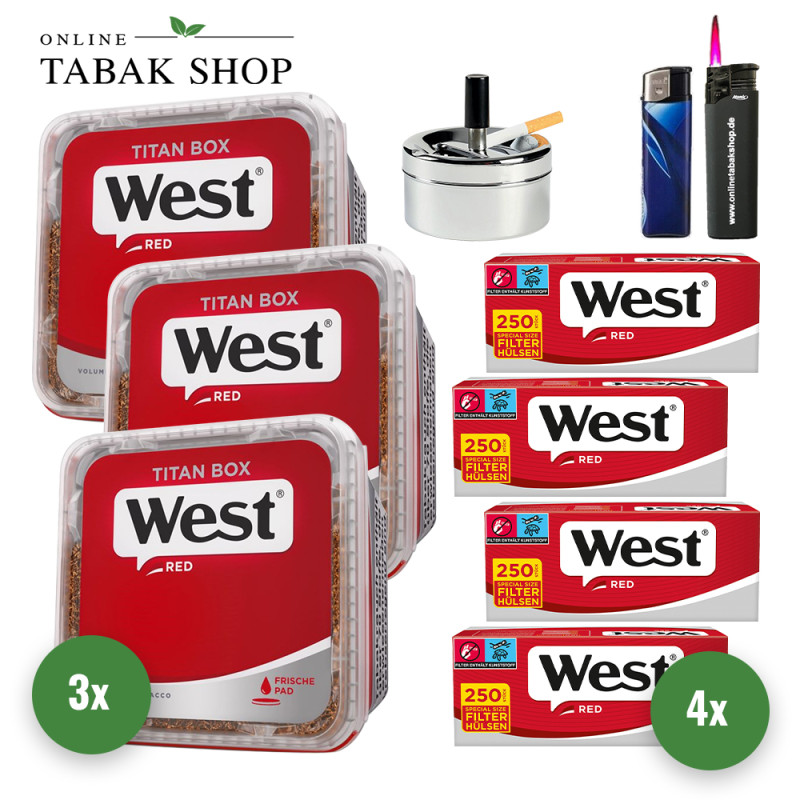 West Red Tabak Titan Box (3 x 300g) + 1.000 West Red Extra Hülsen + 1 Sturmfeuerzeug + 1 Feuerzeug + 1 Drehascher Chrom 9cm