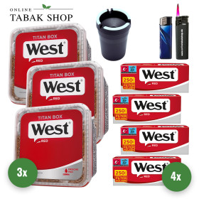3x West Red Tabak Titan 265g Eimer + 1000 Hülsen (Sorte wählbar) + 1 Sturmfeuerzeug + 1 Feuerzeug + 1 KFZ- Aschenbecher