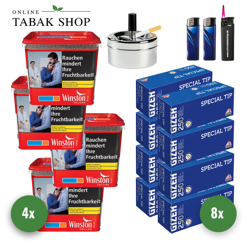 4x Winston Tabak Rot 250g Eimer + 2000 GIZEH Special Tip Hülsen + 1 Sturmfeuerzeug + 2 Feuerzeuge + Aschenbecher Chrom 9cm