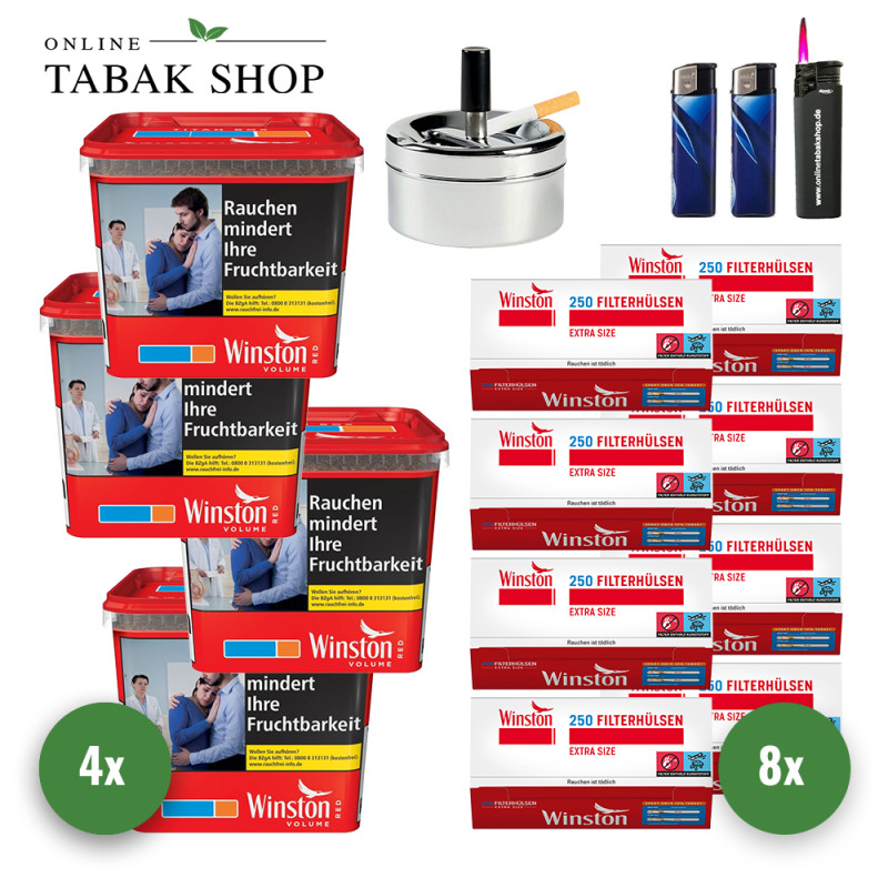 4x Winston Tabak Rot 250g Eimer + 2000 Winston Extra Hülsen + 1 Sturmfeuerzeug + 2 Feuerzeuge + Aschenbecher Chrom 9cm