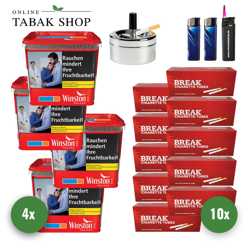 4x Winston Tabak Rot 250g Eimer + 2000 BREAK Hülsen + 1 Sturmfeuerzeug + 2 Feuerzeuge + Aschenbecher Chrom 9cm