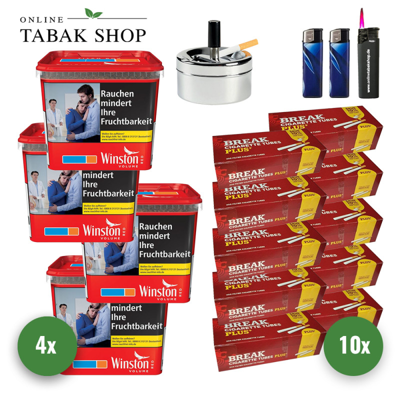 4x Winston Tabak Rot 250g Eimer + 2000 BREAK Plus Hülsen + 1 Sturmfeuerzeug + 2 Feuerzeuge + Aschenbecher Chrom 9cm