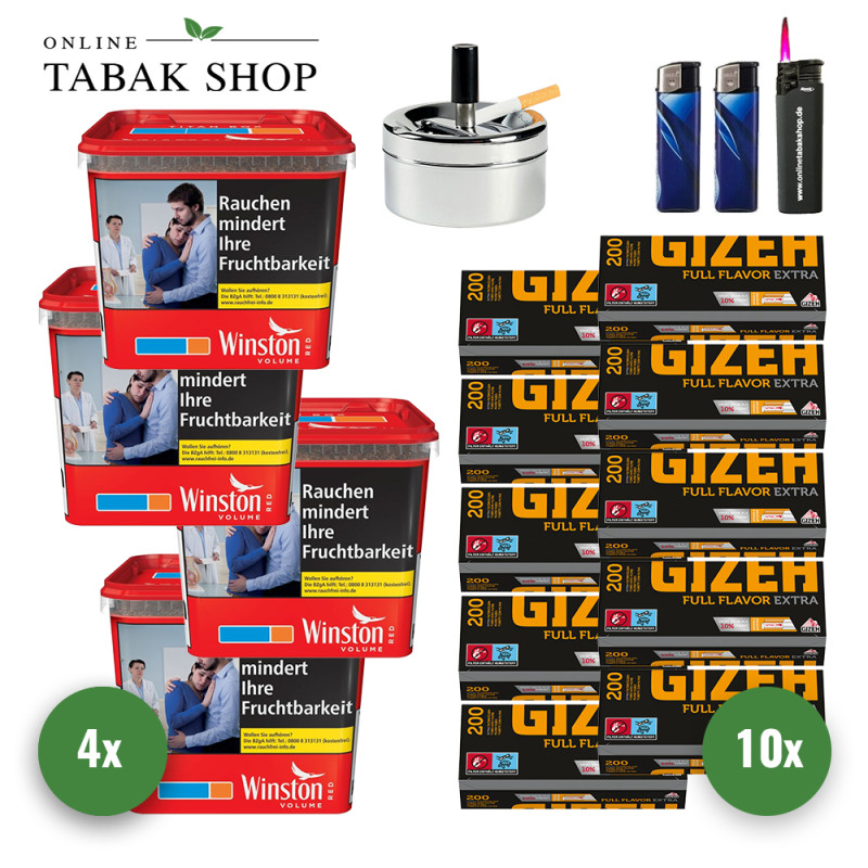 4x Winston Tabak Rot 250g Eimer + 2000 GIZEH Full Flavor Extra Hülsen + 1 Sturmfeuerzeug + 2 Feuerzeuge + Aschenbecher Chrom 9cm