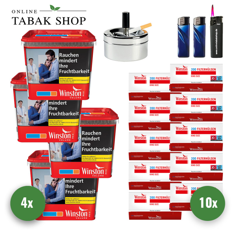4x Winston Tabak Rot 250g Eimer + 2000 Winston Hülsen + 1 Sturmfeuerzeug + 2 Feuerzeuge + Aschenbecher Chrom 9cm