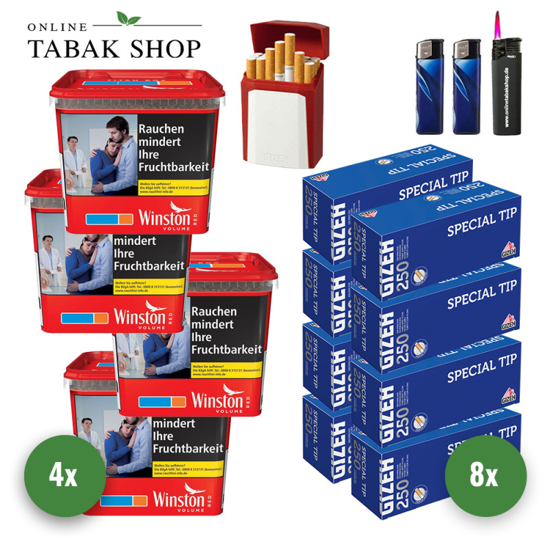 Winston Red Titan Tabak (4 x 260g) + 2.000 Gizeh Special Tip Hülsen + 1 Sturmfeuerzeug + 2 Feuerzeuge + Gizeh Etui
