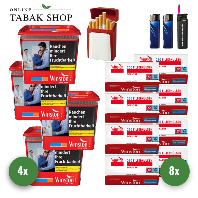 Winston Red Titan Tabak (4 x 260g) + 2.000 Winston Extra Hülsen + 1 Sturmfeuerzeug + 2 Feuerzeuge + Gizeh Etui