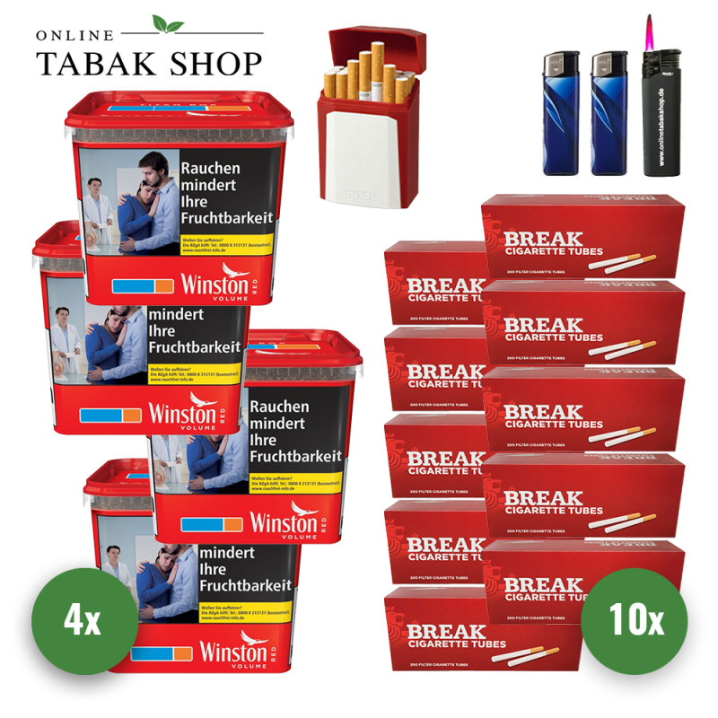 Winston Red Titan Tabak (4 x 260g) + 2.000 Break Hülsen + 1 Sturmfeuerzeug + 2 Feuerzeuge + Gizeh Etui
