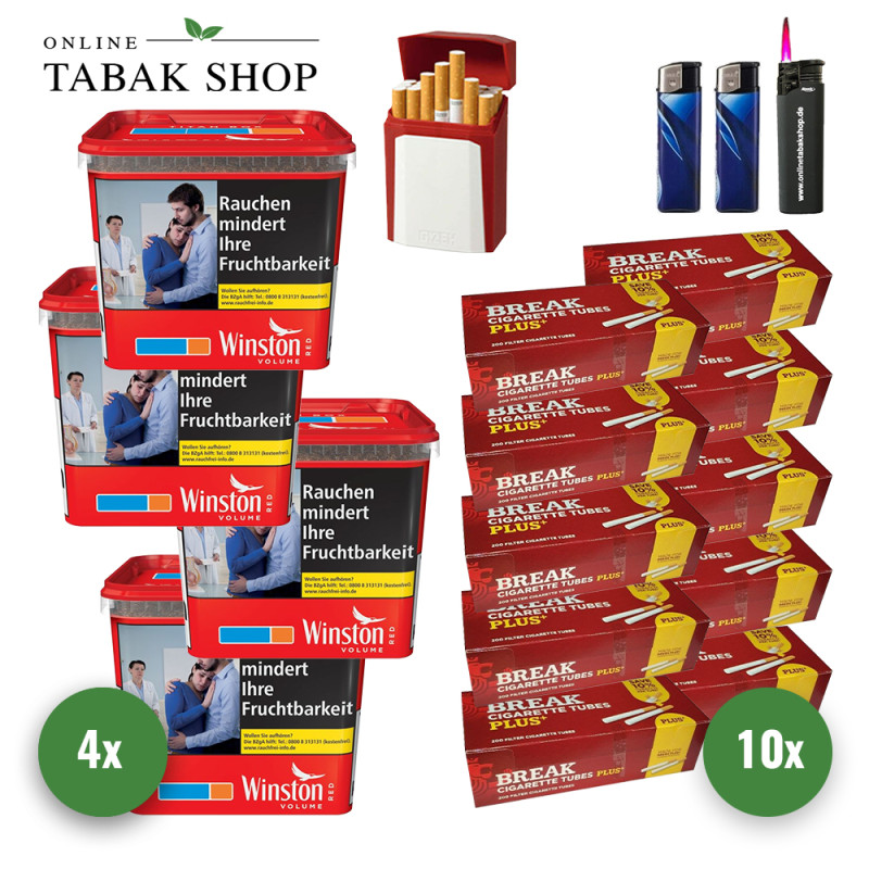 Winston Red Titan Tabak (4 x 260g) + 2.000 Break Plus Hülsen + 1 Sturmfeuerzeug + 2 Feuerzeuge + Gizeh Etui