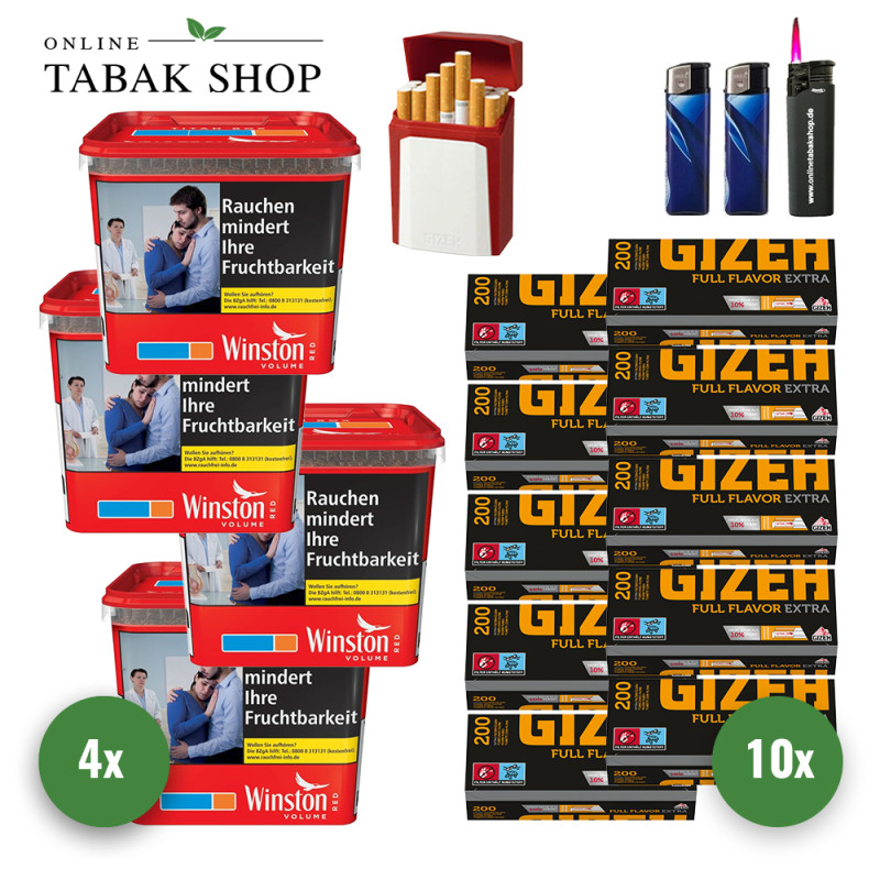 Winston Red Titan Tabak (4 x 260g) + 2.000 Gizeh Full Flavor Extra Hülsen + 1 Sturmfeuerzeug + 2 Feuerzeuge + Gizeh Etui