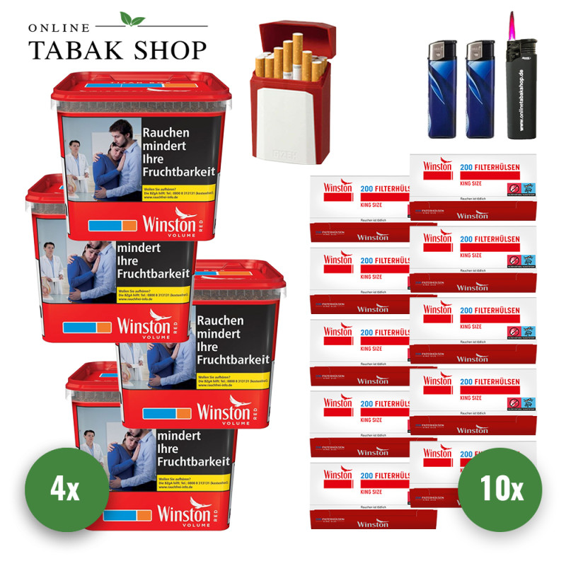 Winston Red Titan Tabak (4 x 260g) + 2.000 Gizeh Winston Hülsen + 1 Sturmfeuerzeug + 2 Feuerzeuge + Gizeh Etui