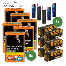 Fargo Volumen Stopf Dose Orange (6 x 98g) + 1.200 Gizeh Full Flavor Extra Hülsen + 3 Feuerzeuge + 2 Sturmfeuerzeuge