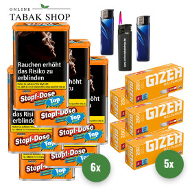Fargo Volumen Stopf Dose Orange (6 x 98g) + 1.000 Gizeh Full Flavor Hülsen (Gelb) + 2 Feuerzeuge + 1 Sturmfeuerzeug
