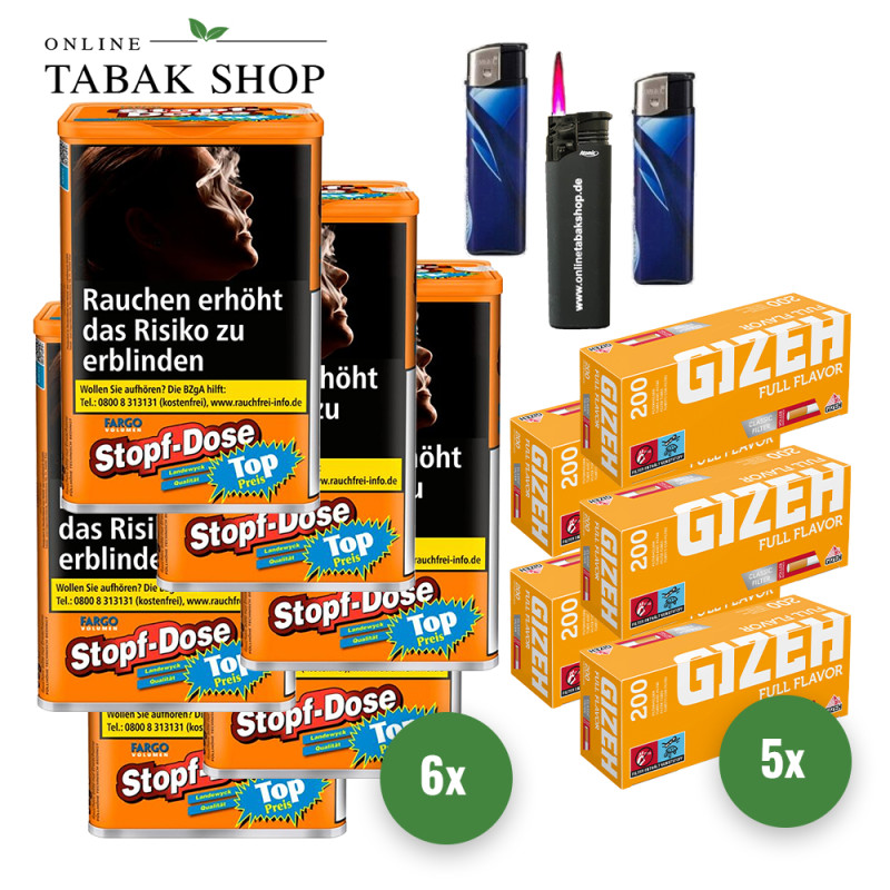 Fargo Volumen Stopf Dose Orange (6 x 95g) + 1.000 Gizeh Full Flavor Hülsen (Gelb) + 2 Feuerzeuge + 1 Sturmfeuerzeug