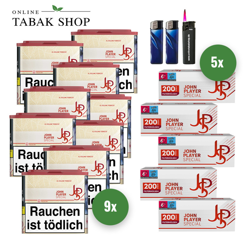 JPS Just XL Tabak (9 x 38g) + 5x200 JPS Red Hülsen + 2 Feuerzeuge + 1 Sturmfeuerzeug