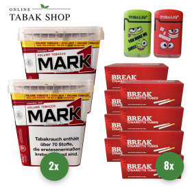 2x Mark Adams No.1 Volumentabak 400g + 1600 Hülsen (wählbar) + 2 TobaliQ Happy Smile Feuerzeuge