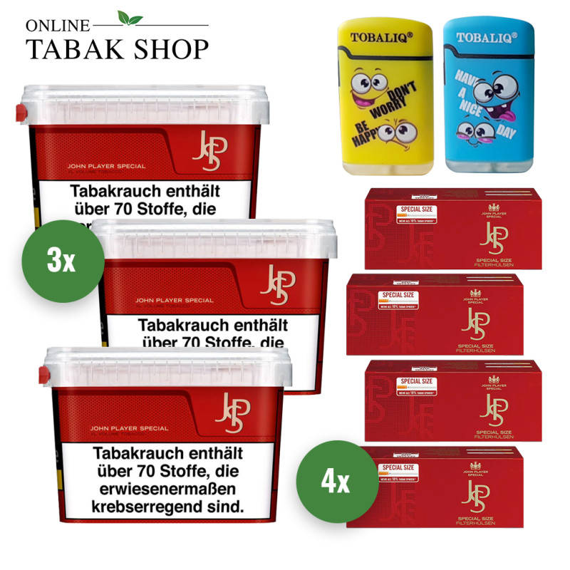 JPS Red Volumentabak (3 x 105g) + 1.000 JPS Red Special Hülsen + 2 TobaliQ Happy Smile Motiv Feuerzeuge