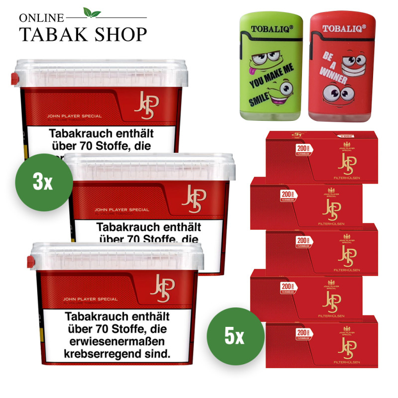 JPS Red Volumentabak (3 x 105g) + 1.000 JPS Red Normal Hülsen + 2 TobaliQ Happy Smile Motiv Feuerzeuge