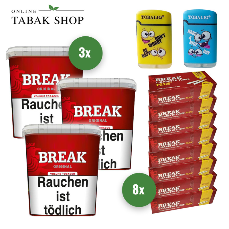 3x BREAK Tabak Rot 185g Eimer + 1.600 BREAK Plus Hülsen + 2 TobaliQ Happy Smile Motiv Feuerzeuge