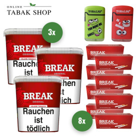 3x BREAK Tabak Rot 185g Eimer + 1.600 BREAK Hülsen (Sorte wählbar) + 2 TobaliQ Happy Smile Motiv Feuerzeuge