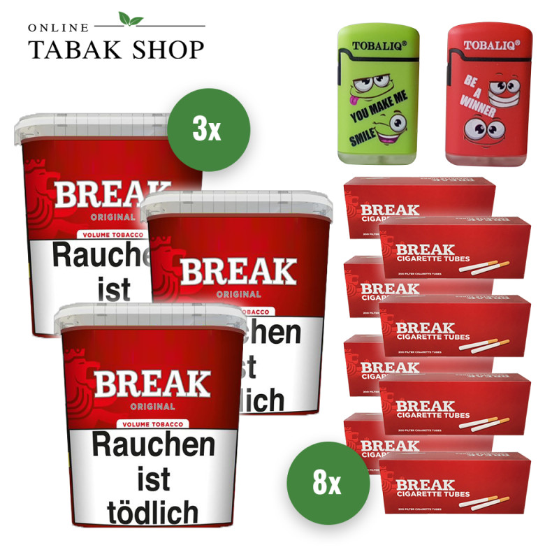 3x BREAK Tabak Rot 185g Eimer + 1.600 BREAK Hülsen + 2 TobaliQ Happy Smile Motiv Feuerzeuge