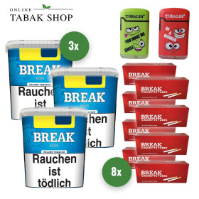 3x BREAK Tabak Blau 185g Eimer + 1600 BREAK Hülsen (Sorte wählbar) + 2 TobaliQ Happy Smile Motiv Feuerzeuge