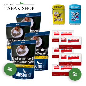 4x Winston Blue Volumentabak XL Beutel 95g + 1000 Winston Hülsen (wählbar) + 2 TobaliQ Happy Smile Motiv Feuerzeuge