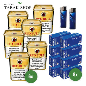 Red Bull Gold Blend Tabak (6 x 120g) + 2.000 Gizeh Special Tip Hülsen + 2 Feuerzeuge